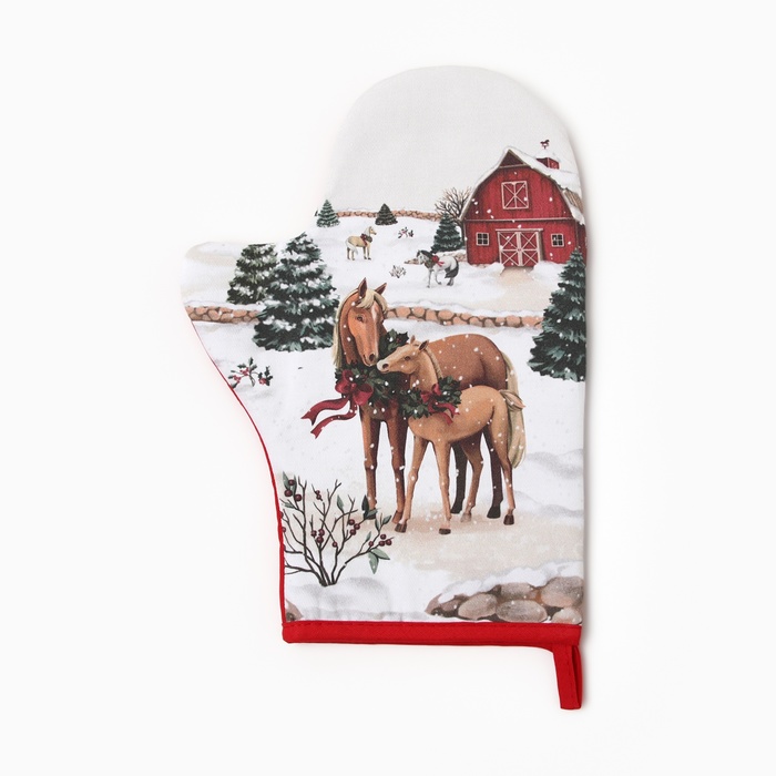 Варежка - прихватка «Этель» Horse family, 20×28 см, саржа, хлопок 100%, ватин 250 г/м² - Фото 1