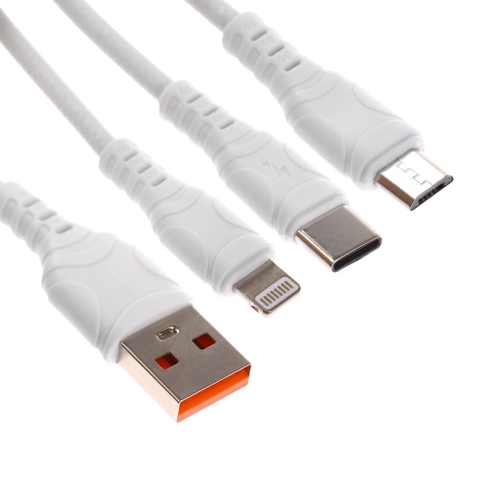 Кабель D05E, 3 в 1, Type-C/microUSB/Lightning, 1 м, зарядка+передача данных, белый - Фото 1
