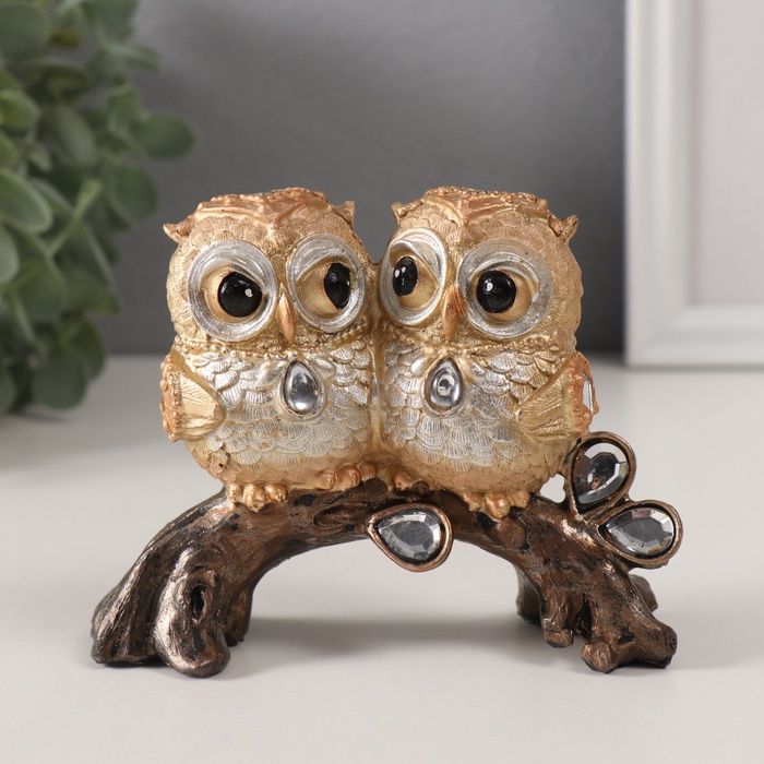 Фигурка полистоун «Совята на коряге с зеркальными листьями», 12.5×5.5×9.5 см