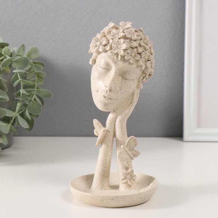 Фигурка - подставка для мелочей полистоун «Бюст. Девушка с цветами на голове», белый в крапинку, 9.5×9.5×18.5 см