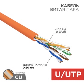 Бухта Кабель витая пара U/UTP, CAT 5e, ZH нг(А)-HF, 4PR, 24AWG, INDOOR, SOLID, оранжевый, 305м REXAN