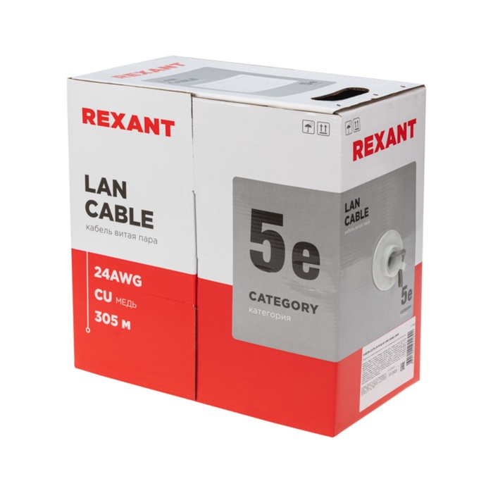 Бухта Кабель витая пара U/UTP, CAT 5e, ZH нг(А)-HF, 4PR, 24AWG, INDOOR, SOLID, серый, 305м REXANT - фото 51682851