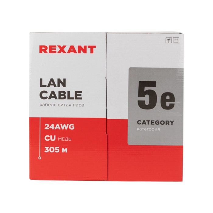 Бухта Кабель витая пара U/UTP, CAT 5e, ZH нг(А)-HF, 4PR, 24AWG, INDOOR, SOLID, серый, 305м REXANT - фото 51682852