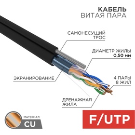 Бухта Кабель витая пара F/UTP, CAT 5e, PE, 4PR, 24AWG, OUTDOOR, SOLID, черный, с тросом, 305м, REXAN