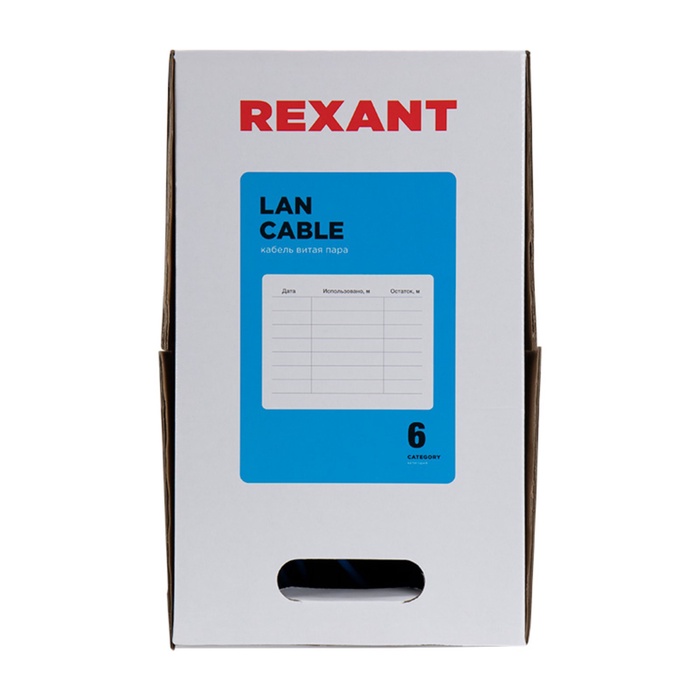 Бухта Кабель витая пара U/UTP, CAT 6, PVC, 23AWG, INDOOR, SOLID, синий, 305 м, REXANT - фото 51682904