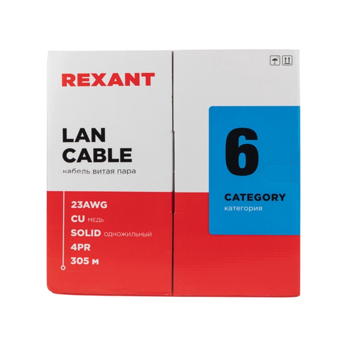 Бухта Кабель витая пара U/UTP, CAT 6, ZH нг(А)-HF, 4PR, 23AWG, INDOOR, SOLID, серый, 305 м, REXANT - фото 51682907