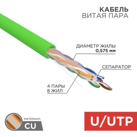 Бухта Кабель витая пара U/UTP, CAT 6, нг(А)-LSLTx, 4х2х0,575мм, 23AWG, INDOOR, SOLID, зеленый, 305м