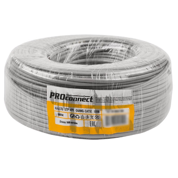 Бухта Кабель витая пара U/UTP, CAT 5e, PVC, 4PR, 24AWG, INDOOR, SOLID, серый, 100м PROconnect   1080 - фото 51682929