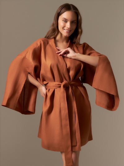 Халат женский короткий SL HOME «Brown», размер 44-52, 100% лён, 150 г/м2