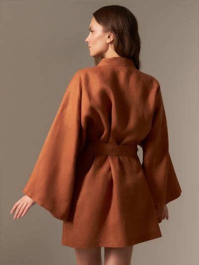 Халат женский короткий SL HOME "Brown", размер 44-52, 100% лён, 150г/м2