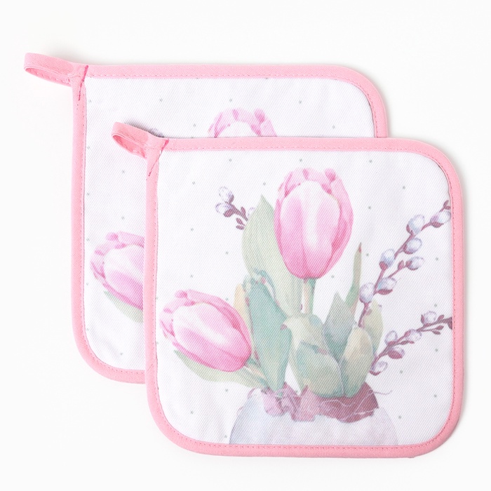 Набор прихваток «Этель. Тюльпаны»: 2 шт., 19×19 см, саржа,100% хлопок, ватин 250 г/м² - Фото 1