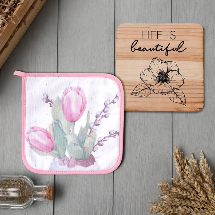 Набор кухонный «Тюльпаны»: прихватка 19×19 см, подставка под горячее - Фото 1