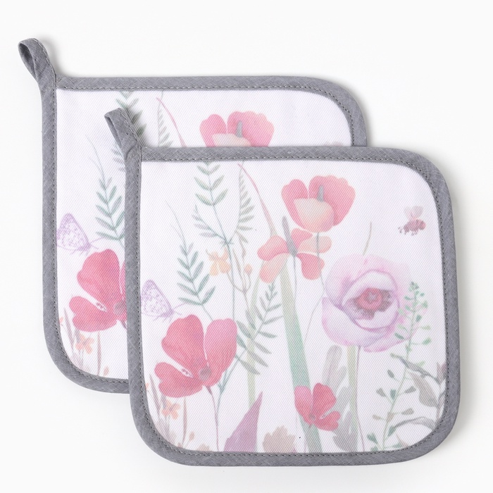 Набор прихваток «Этель. Маки»: 2 шт., 19×19 см, саржа,100% хлопок, ватин 250 г/м² - Фото 1