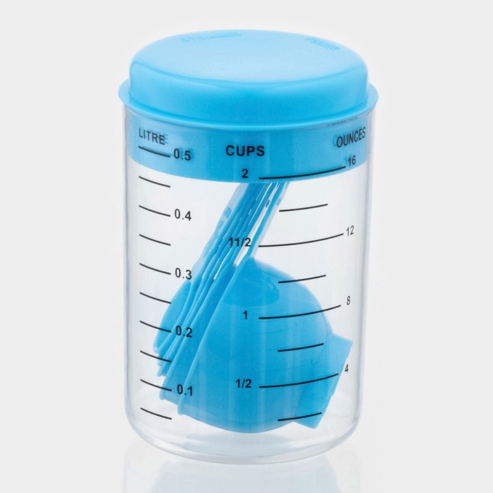Набор мерных ложек «Маэстро», 7 предметов: стакан 500 мл, ложки, пластик, голубой - Фото 1