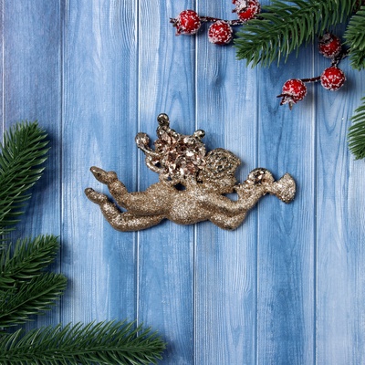 Ёлочная игрушка "Ангел с трубой блеск" 13х7 см, золото