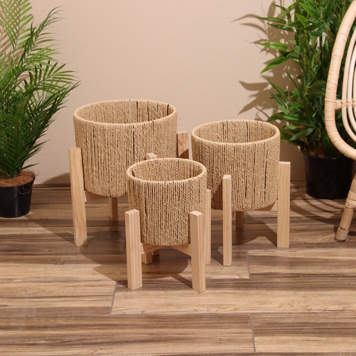 Набор плетёных кашпо, 3 шт, 29х29х22 см, цв. тёмно-бежевый - Фото 1