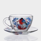 Чайная пара новогодняя «Снегири на рябине», 200 мл, блюдце d=13 см, стекло, прозрачная - Фото 2