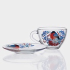 Чайная пара новогодняя «Снегири на рябине», 200 мл, блюдце d=13 см, стекло, прозрачная - Фото 3