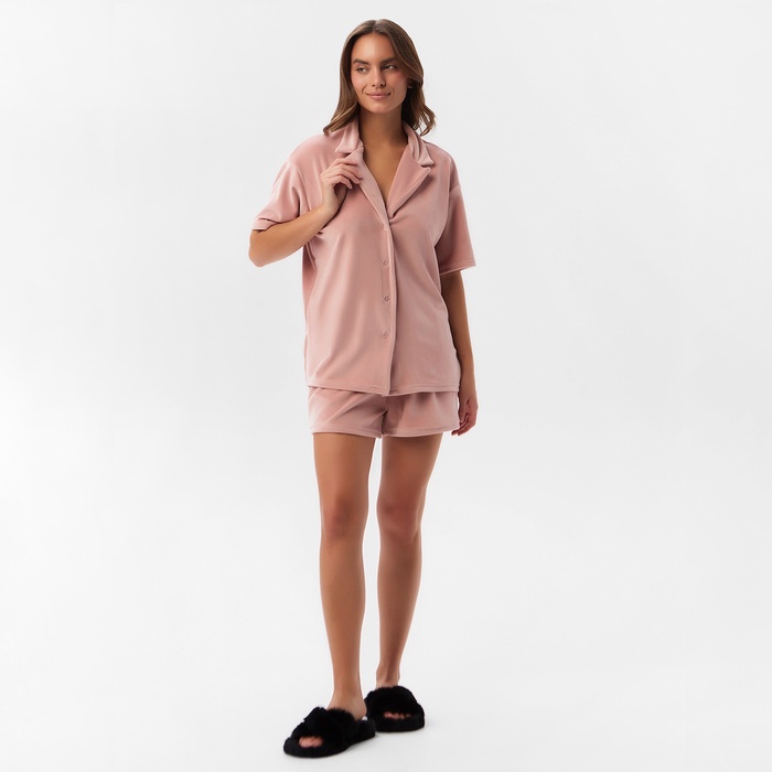 Пижама женская (рубашка, шорты) KAFTAN Plushy, размер 44-46, розовая - Фото 1