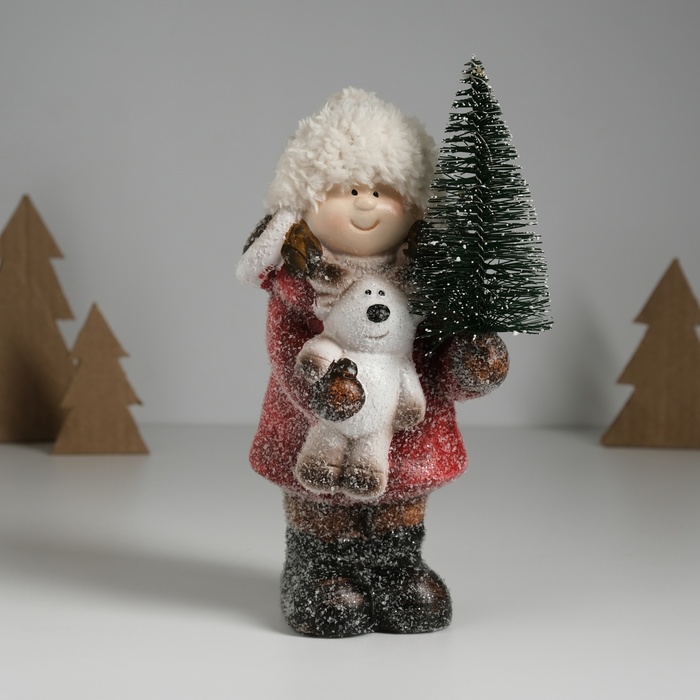 Фигурка светящаяся «Малышка в красном пальто, с ёлочкой и лосиком», керамика, 10.5×8.5×19 см