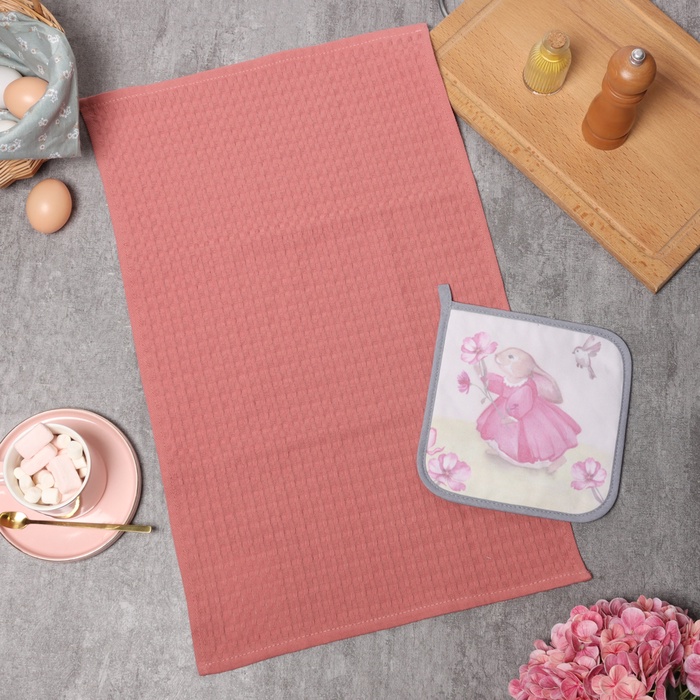 Набор кухонный «Кролик»: прихватка 19×19 см, полотенце 35×60 см, вафля - Фото 1