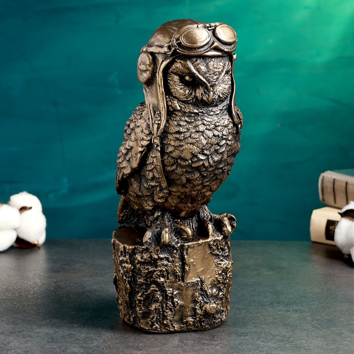 Копилка для денег «Сова авиатор», 14×12×25 см, гипс под бронзу