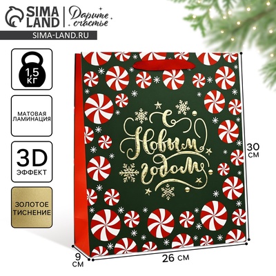 Пакет подарочный новогодний ламинированный «Новогодние чудеса», тиснение, M 30×26×9 см