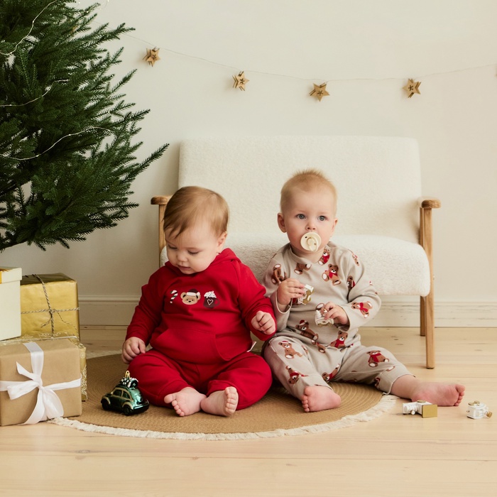 Костюм детский (лонгслив, штанишки) Крошка Я «Новогодние медвежата», серо-бежевый, рост 74-80 см