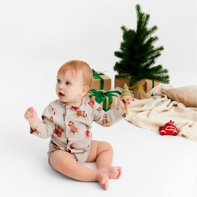 Боди детское с длинным рукавом «Крошка Я. Новогодние медвежата», рост 62-68 см, бежевое