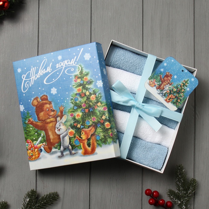 Набор махровых полотенец Этель «Новогодняя открытка» 30×30 см -5 шт., 100% хл, 340 г/м² - Фото 1