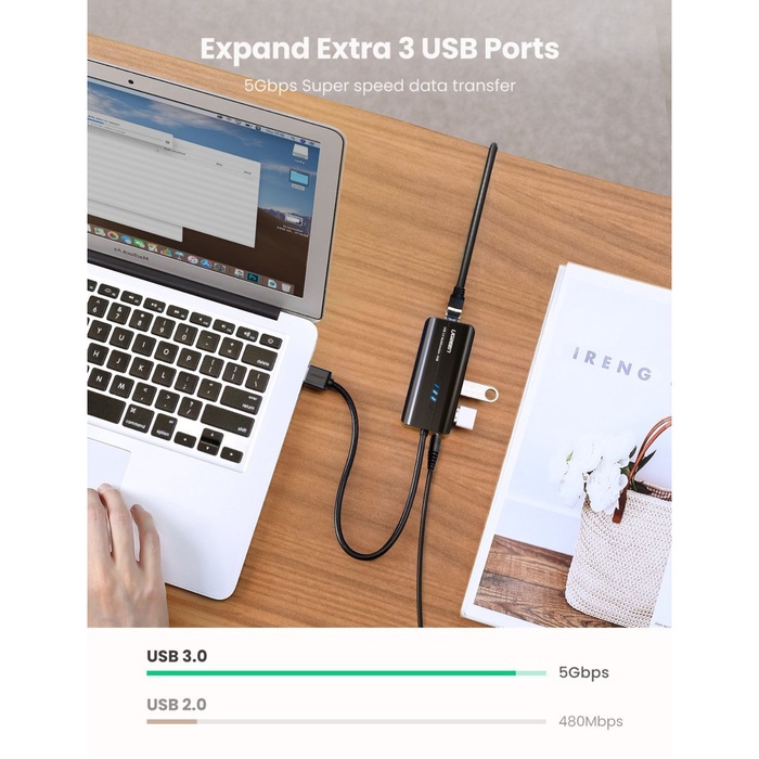 USB концентратор UGREEN 3 x USB 3.0, RJ45 (20265) - фото 51675665