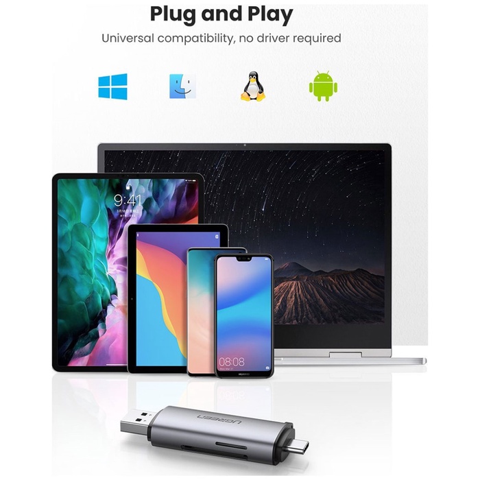 Картридер UGREEN USB-C + USB-A 3.0 для карт памяти TF/SD (50706) - фото 51675698