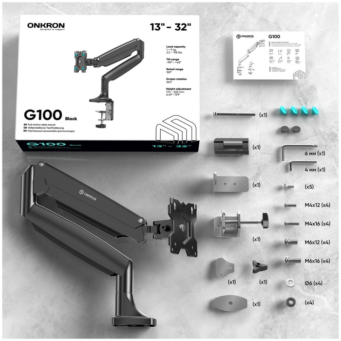 Настольный кронштейн-газлифт для мониторов ONKRON G100 чёрный - фото 51677136