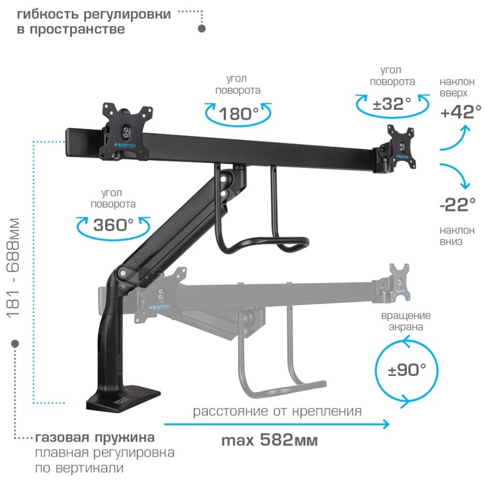 Кронштейн настольный для 2-x LED/LCD мониторов Kromax OFFICE-20 - фото 51677186