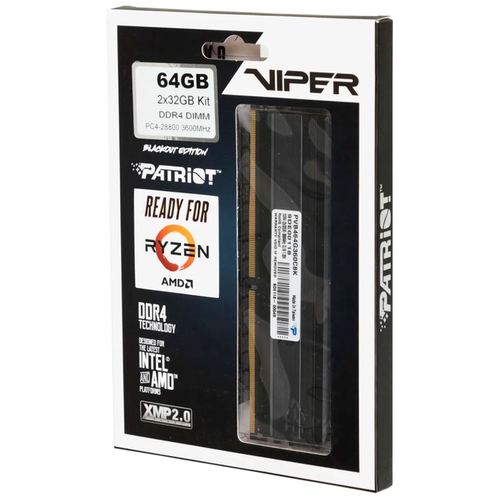 Оперативная память Patriot DDR4 64GB (2x32GB) 3600MHz Viper Blackout (PVB464G360C8K) - фото 51683533