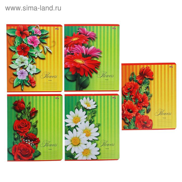 Тетрадь 12 листов косая линейка "Цветы (фон в полоску)", обложка картон хромэрзац, 5 видов МИКС - Фото 1