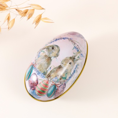 Металлическая шкатулка-яйцо «Два пасхальных зайчика», для украшений, хранения мелочи, 7×6.5×11 см