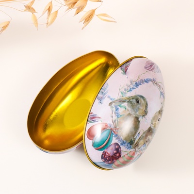 Металлическая шкатулка-яйцо «Два пасхальных зайчика», для украшений, хранения мелочи, 7×6.5×11 см