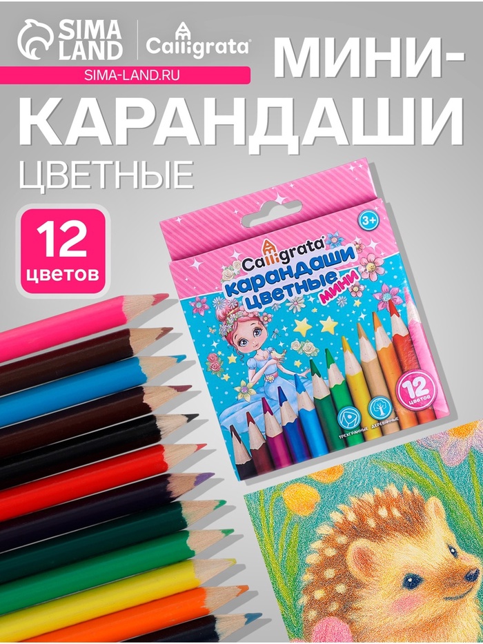 Карандаши Calligrata «Принцесса», цветные, 12 цветов деревянные, трёхгранные, мини - Фото 1