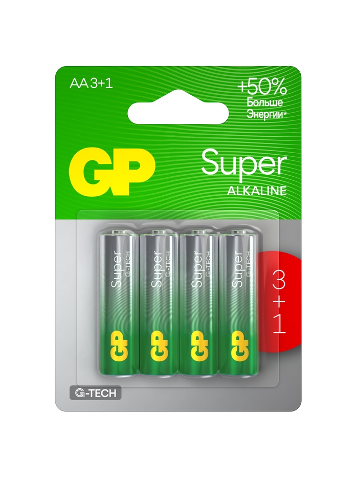 Батарейка алкалиновая GP Super, AA, LR6-4BL, 1.5 В, блистер, 3+1 шт. - Фото 1