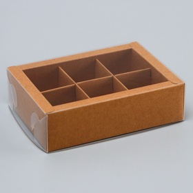 Коробка для 6 конфет, крафт с прозрачной крышкой, 13.7×9.85×3.85 см