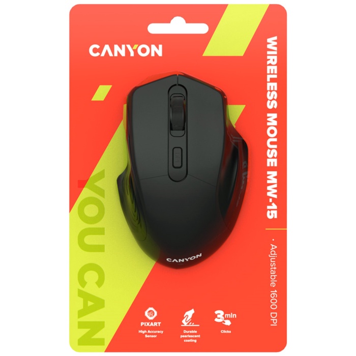 Беспроводная мышь Canyon MW-15 с сенсором Pixart, 800/1200/1600 DPI, 4 кнопки, черный - фото 51681727