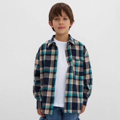 Рубашка для мальчика в клетку KAFTAN, размер 36 (134-140 см), бирюзово-серая