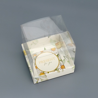 Коробка сборная с PVC крышкой, «Ромашки», 10×10×10 см