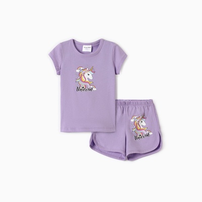 Пижама для девочки (футболка, шорты) «Единорог», сиреневая, рост 110 см