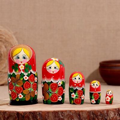 Матрёшка дерево «Весела», красная голова, низ чёрный, 5-кукольная, 14 см