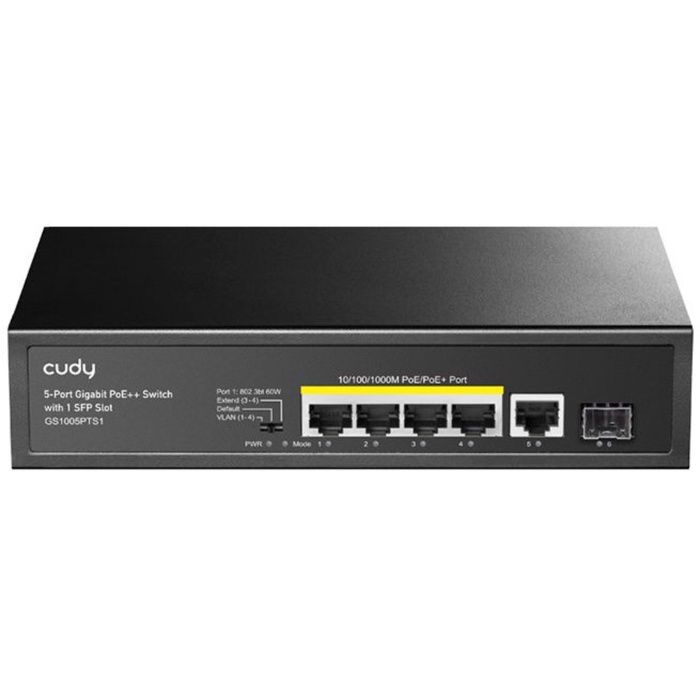 Коммутатор Cudy GS1005PTS1, L2, 5×1 Гбит/с, 1×SFP, 4×PoE+, 120 Вт, неуправляемый