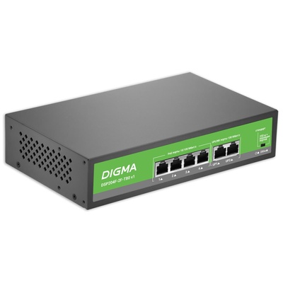 Коммутатор Digma DSP204F-2F-T80, V1 (L2), 6×100 Мбит/с, 4PoE, 4PoE+, 80 Вт, неуправляемый