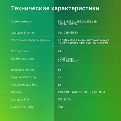Коммутатор Digma DSP224F-2C-R400, V1, L2, 24×100 Мбит/с, 2xКомбо (1000BASE-T/SFP)