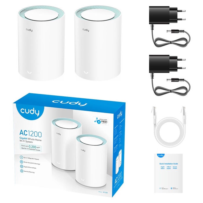 Бесшовный Mesh роутер Cudy, M1300, 2-Pack, AC1200 10/100/1000BASE-TX, белый, 2 шт.